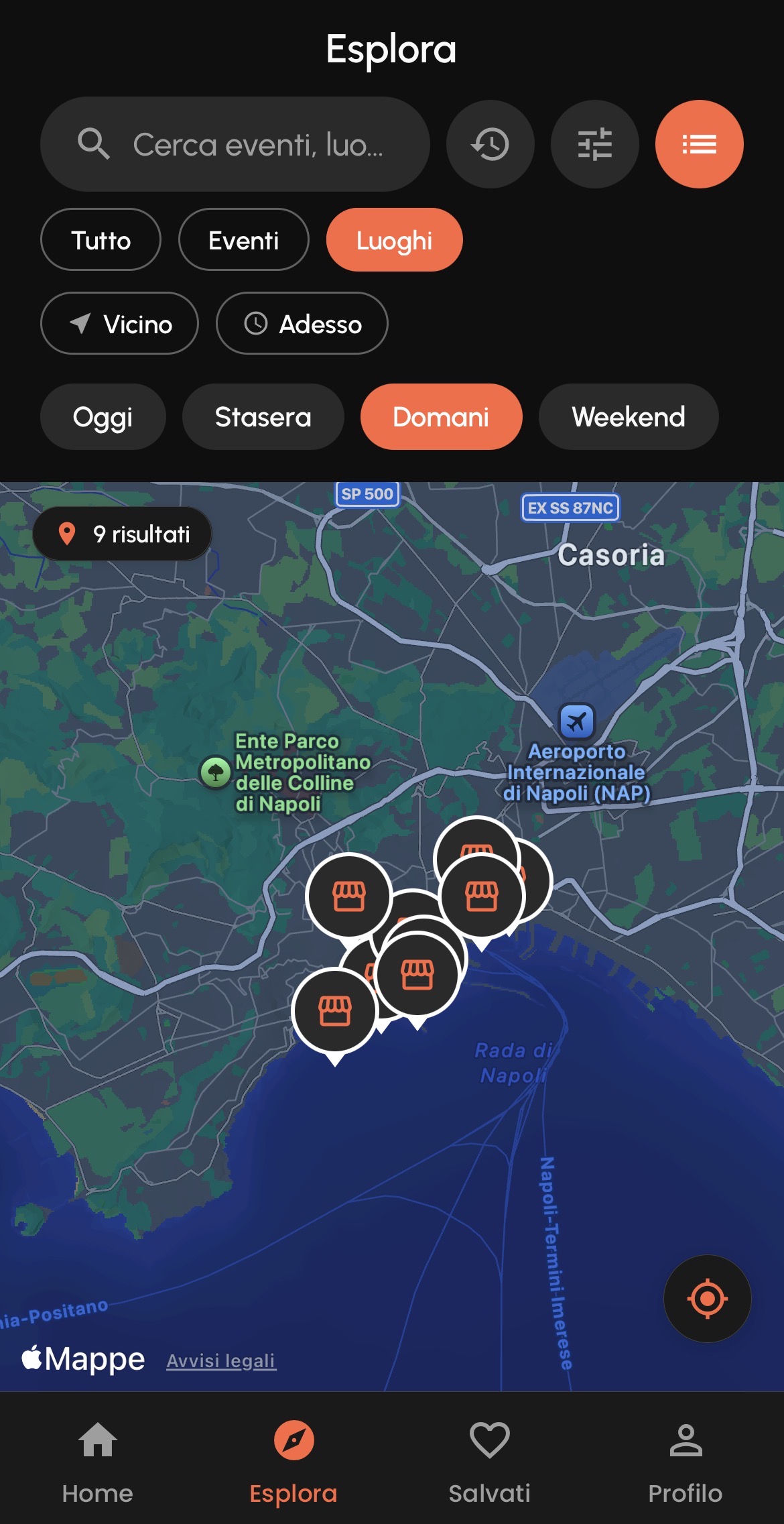 Mappa Esplora dell’app Eventsy con eventi vicini