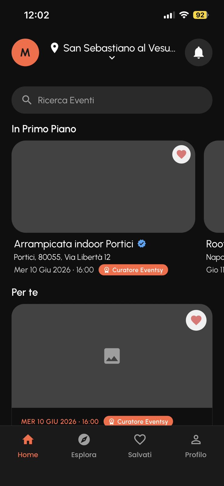 Schermata Home dell’app Eventsy con cosa succede stasera